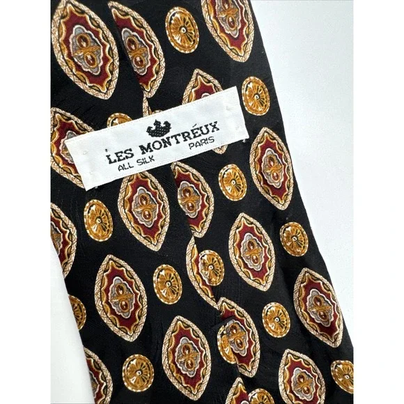 Les Montreux Mens Tie Black Brown Gold Hand Made In Paris All Silk 57" - Picture 3 of 5